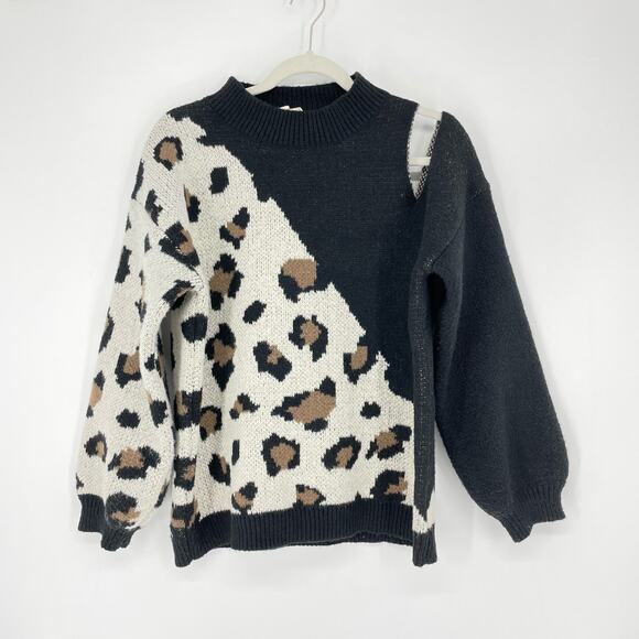 Vine & Love Leopard Print Cutout Knit Black Sweater Medium - Picture 2 of 6